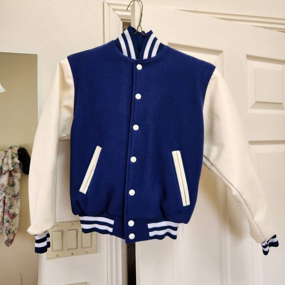 Rennoc kids medium vintage wool royal blue cream button-up varsity jacket - Picture 5 of 10